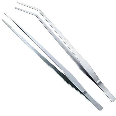 OIIKI 2PCS Stainless Steel Tongs Tweezers, 15 inch Staright Tongs Tweezer | Polished Extra-Long 15 inch Curved Aquarium Tweezer with Precision Serrated Tips for Garden, Kitchen, Indoor & Outdoor