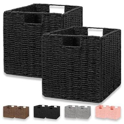 Vagusicc Wicker Storage Basket, Set of 2 Hand-Woven Wicker Basket, Foldable Cube Storage Bin, Black Storage Basket, Square Storage Baskets for Organizing Shelves & Decor, Black (11″×11″×11″)