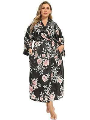 Women's Floral Long Satin Robes Plus Size Long Silk Robes Peacock Floral Kimonos Sleepwear Dressing Gown