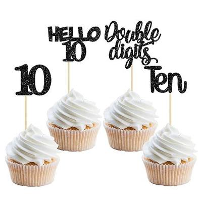 Gyufise 24Pcs Black Glitter 10th Birthday Cupcake Toppers Double Digits Cupcake Toppers Hello 10 Ten Cupcake Picks for 10th Birthday Party Cake Decorations Supplies