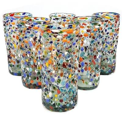 Confetti Rocks 20 oz Tall Iced Tea Glasses (set of 6) | Hand Blown Drinking Glasses, Multicolor Mexican Glassware Tumblers for Water, Juice, Margaritas & Cocktails | Lead-free, Toxin-Free