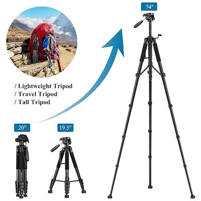 VICTIV 74” Camera Tripod, Tripod for Camera and Phone, Aluminum Professional Tripod Stand for Canon Nikon with Carry Bag and Phone Holder, Compatible with DSLR, iPhone, Spotting Scopes, Max Load 9.5Lb