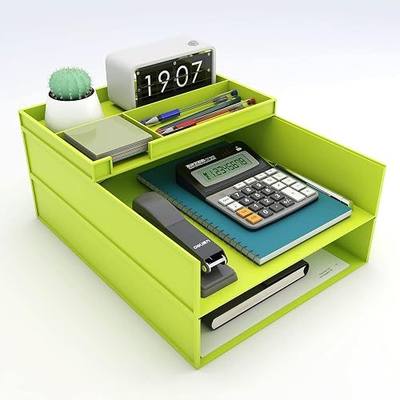 WESTREE Office Desktop 3-Trays Desktop File Organizer with Pen Holder Magazine File Holder Desk Organizer File Folder for Office Organization and Storage Office Supplies (Green