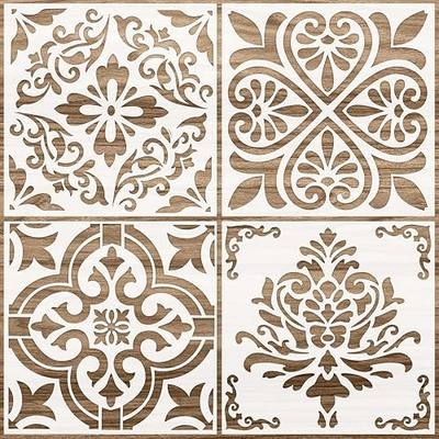 Zonon 4 Pcs 12 x 12 Inches Reusable Tile Stencil for Painting Large Pattern Floor Wall Templates Flower Damask Talavera Moroccan Mehndi for DIY Crafts Concrete Plaster Decor(Flower Style)