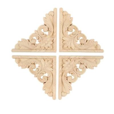 MUXSAM 4-Pack Wood Carved Applique Corner Onlay, 11x11cm/4.33"x4.33", Unpainted Furniture Decals for Cabinet Cupboard Corner Door Bed Home Decoration(Style-B)
