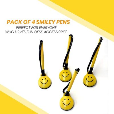 Performore 4 Pack of Secure Counter Pens with Plastic Secure Cord Attached to Adhesive Back Base Pen Holder with Smiley Face Design for Home Workplace School Office