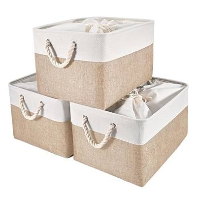 HOdo Home 15.8×11.8×9.5 In/3PCS Fabric Storage Bins with Drawstring Closure and 2 Bold Handles, Collapsible Large Cubes Canvas Baskets for Organizing Shelf Nursery Home Closet (White and Yellow)