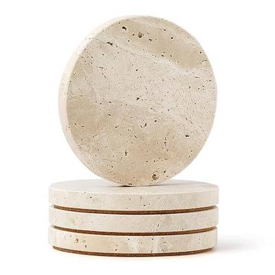 Natural Travertine Marble Coasters Set of 4-4" Round Stone Drink Coasters, Non-Slip Cork Backing, Housewarming Gift, Wedding, Protect Tables from Stains & Scratches (BD140)