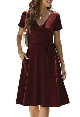 Manydress Women's Short Sleeve V Neckline Fit and Flare Vintage Swing Midi Cocktail Party Wrap Dress with Pocket MY065