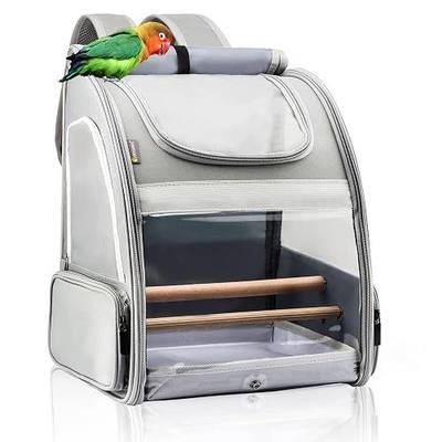 Texsens Bird Carrier Backpack - Pet Travel Cage with Upgraded Tray and Standing Perches, Breathable & Portable, for Small Birds, Green Cheek, Cockatiel, Parrot (Grey)