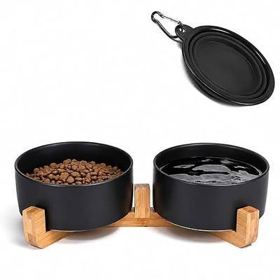 Petygooing Ceramic Dog Cat Bowls Set with Stand,Black Pet Food and Water Bowl,Small Dog Bowls Cute Modern Anti Slip Set of 2 Pet Feeder Small Size Pet Dish(13.5OZ/5.1 in)