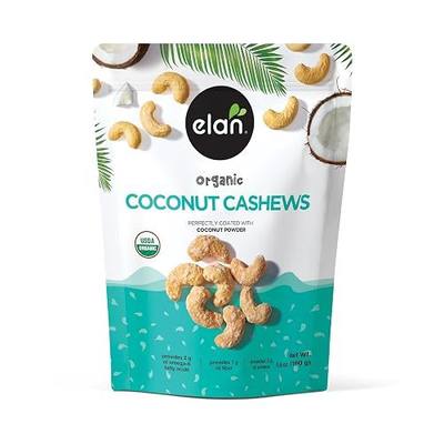 Elan Organic Coconut Cashews, 5.6 oz, Non-GMO, Gluten-Free, Vegan, Kosher, Glazed Nuts (Roasted Cashews, Coconut Milk Powder, Himalayan Pink Salt), Superfood Infused Nuts