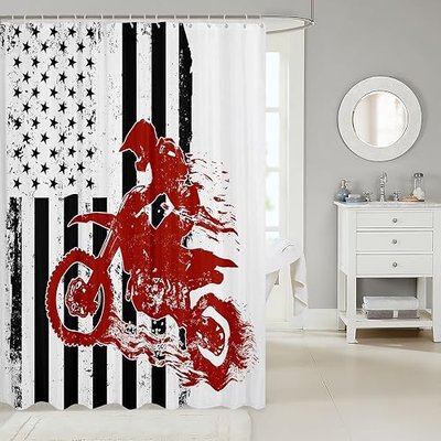American Flag Bathtubs Shower Curtain Set Motocross Rider Shower Curtain for Boys,United States Flag Black White Bath Curtain Speed Dirt Bike Bathroom Motorbike Kids Car Theme Toilet Decor 72"Wx72"L