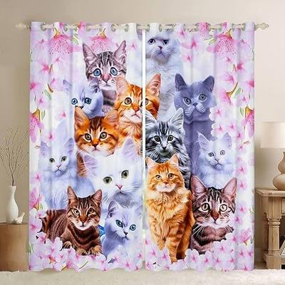 Kids Cartoon Cat Window Curtains for Bedroom Living Room Cute Animal Flowers Curtains Boys Girls Pet Cat Lovers Pink Window Drapes Various Categories Cat Decor Window Treatments 52W X 63L,2 Panels