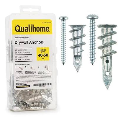 Zinc Self Drilling Drywall Anchors and Screws Kit | Includes 25 Small Drywall Anchors, 25#6 1-1/4 Inch Screws, 25 Large Anchors, 25#8 X 1-¼” Screws & Reusable Case | Anchors are Made in The USA