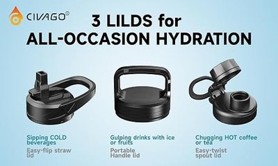 CIVAGO 32 oz Insulated Water Bottle With Straw, Stainless Steel Sports Water Cup Flask with 3 Lids (Straw, Spout and Handle Lid), Wide Mouth Travel Thermal Mug, Black