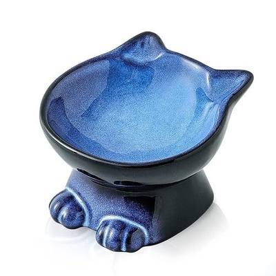 Nihow Elevated Cat Bowls,5 Inch Ceramic Raised Cat Food Bowl for Feeding | Slanted,Whisker Friendly,for Protecting Pet's Spine,Microwave & Dishwasher Safe ,Elegant Blue & Black,4.5 OZ