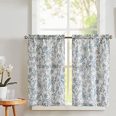 Vangao Blue Linen Kitchen Floral Half Window Treatments 24 Inches 2 Panels