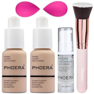 PHOERA Foundation,PHOERA Makeup for Women,PHOERA Matte Liquide Foundation Full Coverage,PHOERA Primer,PHOERA Concealer,Kabuki Makeup Brushes Foundation,2 Makeup Sponge(2PCS #102 Nude)