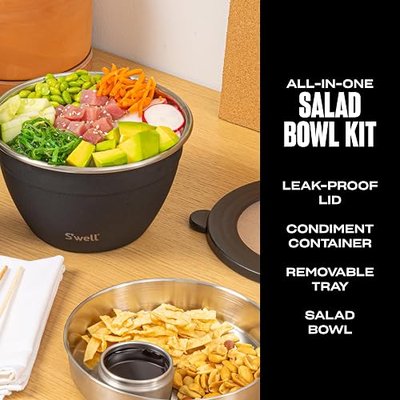 S’well Stainless Steel 64oz Salad Bowl Kit in Onyx, Comes with 2oz Condiment Container and Removable Tray for Organized Serving, Leak-Proof and Dishwasher Safe