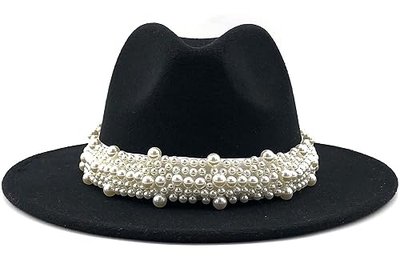 Black Fedora Hats for Women Wool Panama Hat with Pearl Band Wide Brim Felt Hat Classic Trilby Hat