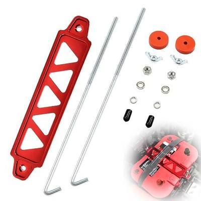 Battery Hold Down Bracket, Aluminum Alloy Battery Tie Down Bracket, Battery Tray for Car Battery Mount Bracket Hold Lock Accessories, Car Battery Lock Down- with 10in J Bolts (Red)