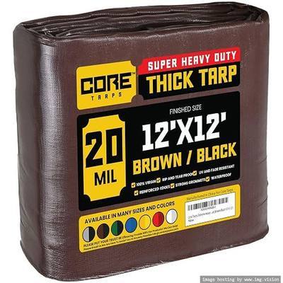 Core Tarps Extreme Heavy Duty 20 Mil Tarp Cover, Waterproof, UV Resistant, Rip and Tear Proof, Poly Tarpaulin with Reinforced Edges for Roof, Patio, Pool, Boat (Brown/Black 12′ X 12′)