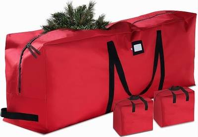 ZOBER Christmas Tree Storage Bag - With 2 Ornaments Accessories/Garland Bags - Fits 9 Ft Trees - 600D Oxford Fabric Christmas Tree Bag For Storage Box For Xmas - Strong, Durable Handles - Red