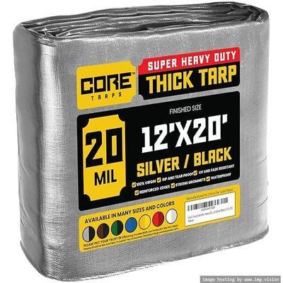 Core Tarps Extreme Heavy Duty 20 Mil Tarp Cover, Waterproof, UV Resistant, Rip and Tear Proof, Poly Tarpaulin with Reinforced Edges for Roof, Patio, Pool, Boat (Silver/Black 12′ X 20′)