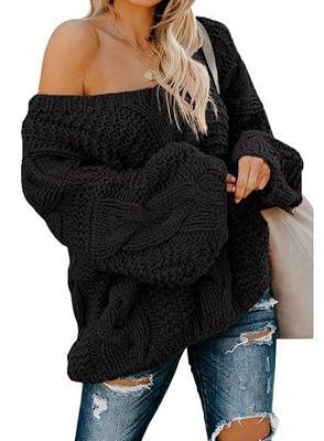 Astylish Women Sexy Long Sleeve Off Shoulder Loose Cable Knit Pullover Sweater