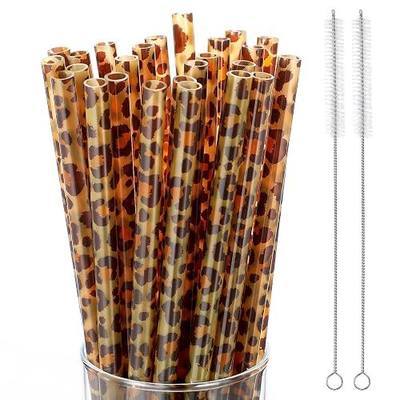Zopeal 27 Pcs Reusable Leopard Straws Bulk Plastic Cheetah Animal Straws and Cleaning Brush for Women Tumblers Drinking Safari Wild Birthday Party Favors(Brown)