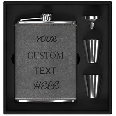 Custom Gift Set for Men - 8 oz 304 Stainless Steel Personalized Hip Flask for Whiskey, Alcohol - Customized Engraved With Your Text for Wedding, Groomsmen, Christmas, Birthday Gifts (Grey)