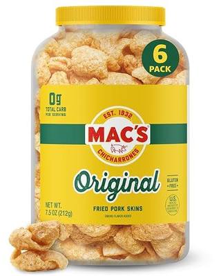 Mac's Original Flavored Chicharrones Fried Pork Rinds, 6-Pack, 7.5oz | Flavored Pork Skins - Low Carb, Gluten-Free, Crunchy Protein Snack - 7.5 oz Tub
