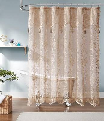Warm Home Designs Golden Lace Shower Curtain with Valance. LAU Linen 72 | Golden Linen Lace Shower Curtain 72 x 72 Inches with Attached Valance & 7 Tassels. Luxury Farmhouse Shower Curtains.