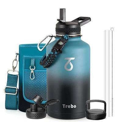Trebo Water Bottle 64oz with Paracord Handle, Half Gallon Large Vacuum Triple Wall Stainless Steel Insulated Water Jug with Strap Straw Spout Lids for Hiking, Leakproof Keep Cold & Hot, Indigo/Black