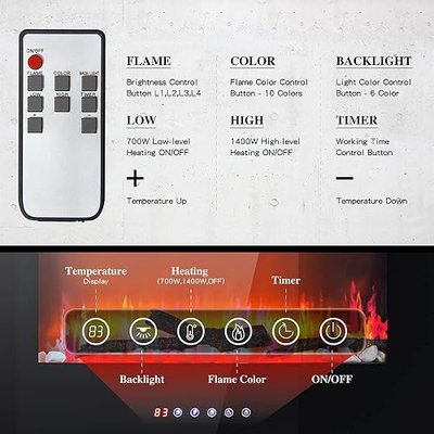 30 inch Electric Fireplace Curved Touch Screen Wall Mounted/Free Standing Low Noise Electric Heater with Timer, Remote Control, Adjustable Flame Color, 700W/1400W