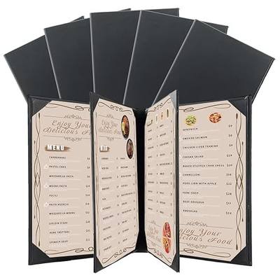 Restaurant Menu Covers Holders 8.5 X 11, 5 Pack Synthetic Leather Menu Holder Covers Book Style with Angled Corners Black for Wine List, Certificate Organizer Diploma Holder (4 Page 6 View)
