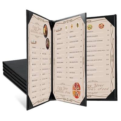 Restaurant Menu Covers Holders 8.5 X 11, 5 Pack Synthetic Leather Menu Holder Covers Book Style with Angled Corners Black for Wine List, Certificate Organizer Diploma Holder (3 Page 4 View)