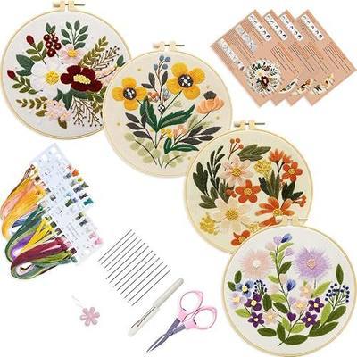Bonroy 4 Sets Embroidery Set for Beginners Art Crafts Easy Sewing Includes Embroidery Clothes with Pattern, Hoop, Instruction Manual, Color Stitch Set (Assorted 1)