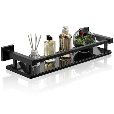 Alise Glass Shelf for Bathroom 16 Inch, Matte Black Floating Glass Shelf | Tempered Glass Bathroom Shelves for Wall Mounted, Modern Glass Shelf with Stainless Steel Railing