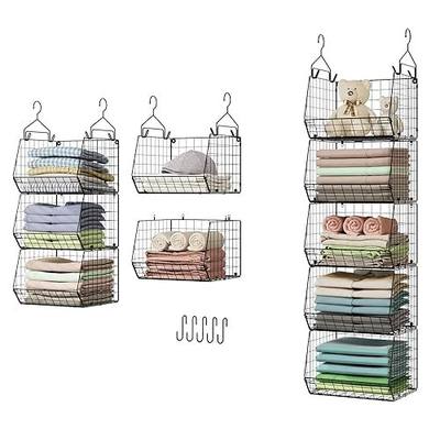 X-cosrack 5 Tier Closet Hanging Organizer, Clothes Hanging Shelves with 4 Hanging Hooks 5 S Hooks, Wire Storage Basket Bins, for Clothing Sweaters Shoes Handbags Clutches Accessories Patent Design