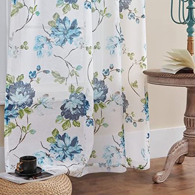 FOLKSIDE Blue Floral Curtains 72 Inches Long 2 Panels White Slub Textured Fabric Peony Flower Sheer Curtains for Living Room Rod Pocket Light Filtering Window Privacy Decor for Office Bedroom, 52x72