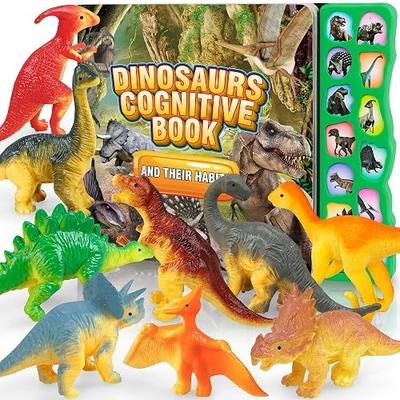 Dinosaur Toys with Sound Book and 12 Toy Figures for Kids Ages 3 4 5 6 | Interactive dinosaur book with realistic roars & 12 detailed dino figures. Perfect educational gift for boys and girls