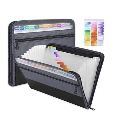 MEGREZ Expanding File Folder with 13 Pockets, A4 Paper File Folder with Zipper Color Labels, Waterproof Accordion File Folder Organizer for Home Office, Black
