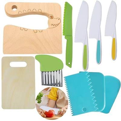 10 Pieces Wooden Kids Kitchen Knife Set, Including Safe Plastic Slicers, Cooking Knives, Cake Scraper, and Cute Rectangle Cutting Board