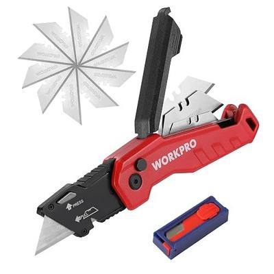 WORKPRO Folding Utility Knife, Quick Change Box Cutter, Red | Razor Knife with 13 Extra Blades Included, Blade Storage in Aluminum Handle, For Cartons, Cardboard, Boxes