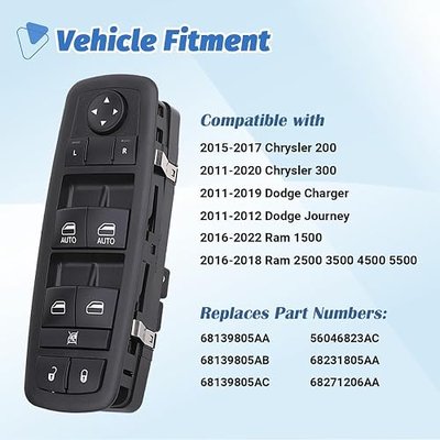 Power Window Switch Main Control Button Compatible with 2016-2018 Ram 1500 2500 3500, 11-19 Dodge Charger, 11-12 Dodge Journey, 11-20 Chrysler 300, 15-17 Chrysler 200, Replaces OEM 68231805AA