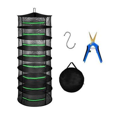 iPower 2ft 8-Layer Hanging Herb Mesh Rack Foldable Drying Net with Zippers Heavy Duty Ring, Free Storage Bag, Hook and 6.5” Gardening Hand Pruner, Titanium Coated Curved Precision