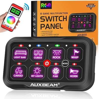 Auxbeam 8 Gang Switch Panel Bluetooth AR-800 RGB APP Control with Backlit Off Toggle Momentary Pulsed Auxiliary Switch Panel for Truck SUV ATV UTV RV Multifunction 12-24V Waterproof 3 Years Warranty