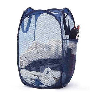 Collapsible Pop Up Laundry Basket, Hamper with Sturdy Handles and Side Pocket - Mesh Portable Foldable Dirty Clothes Hamper for Dorm, Laundry room, Bathroom and Travel Storage, Navy Blue